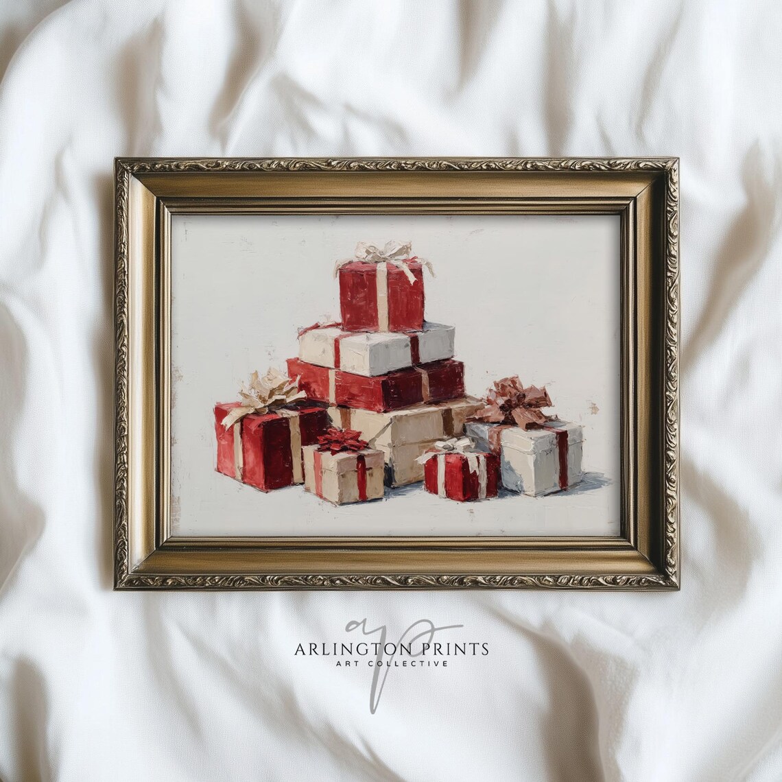 Red And White Christmas Gift Boxes Vintage Oil Painting Poster