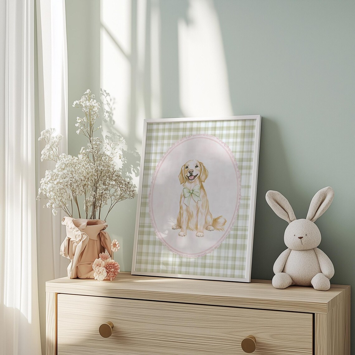 Golden Retriever With Green Bow Green Gingham Nursery Dog Poster - Image 3