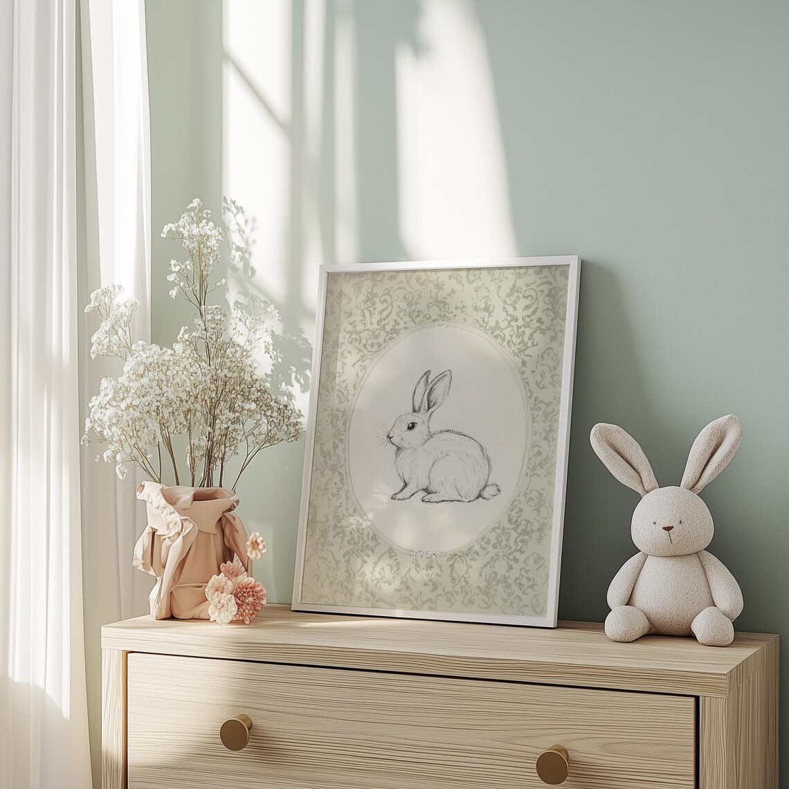 Cute Bunny Art, Green Spring Nursery Decor Print - Image 2
