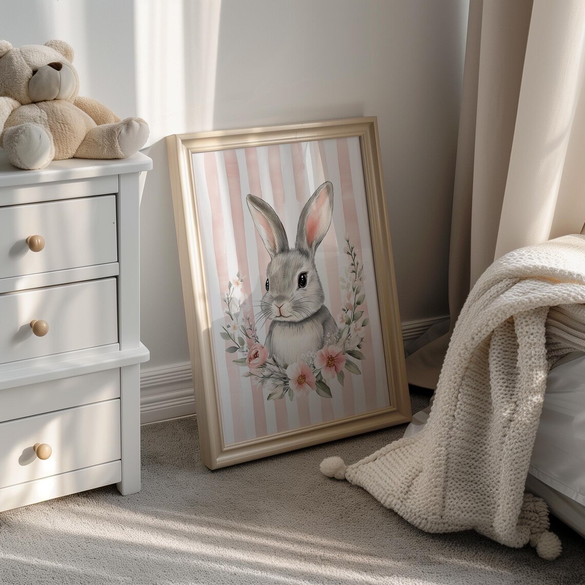 Grey Bunny With Pink Flowers On Striped Nursery Background Poster - Image 3