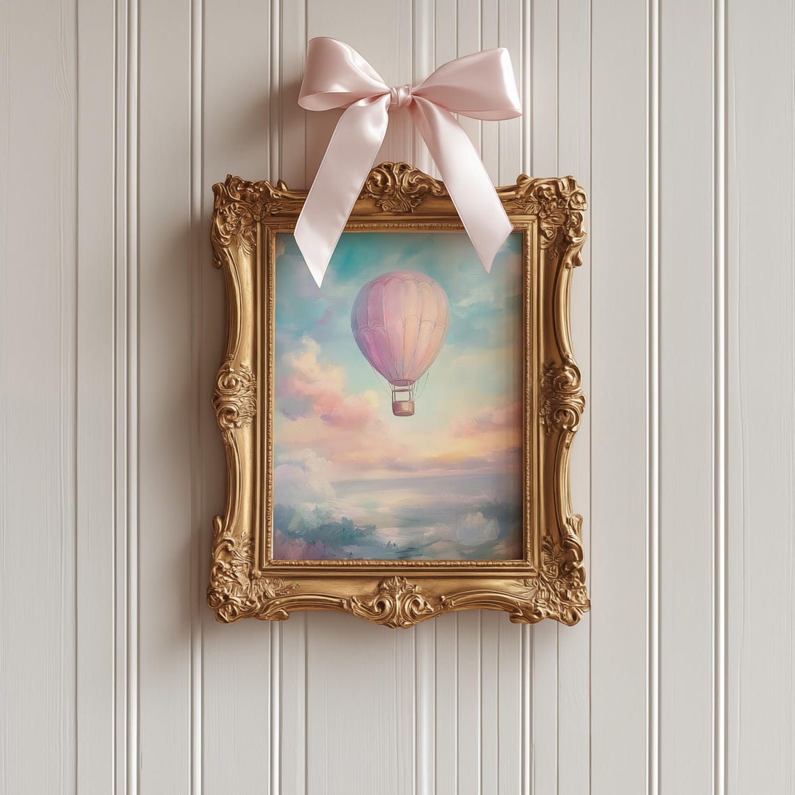 Pastel Pink Hot Air Balloon Poster Whimsical Nursery Art Pink Blue Kids Room Painting Girls Nursery Playroom Art - Image 2