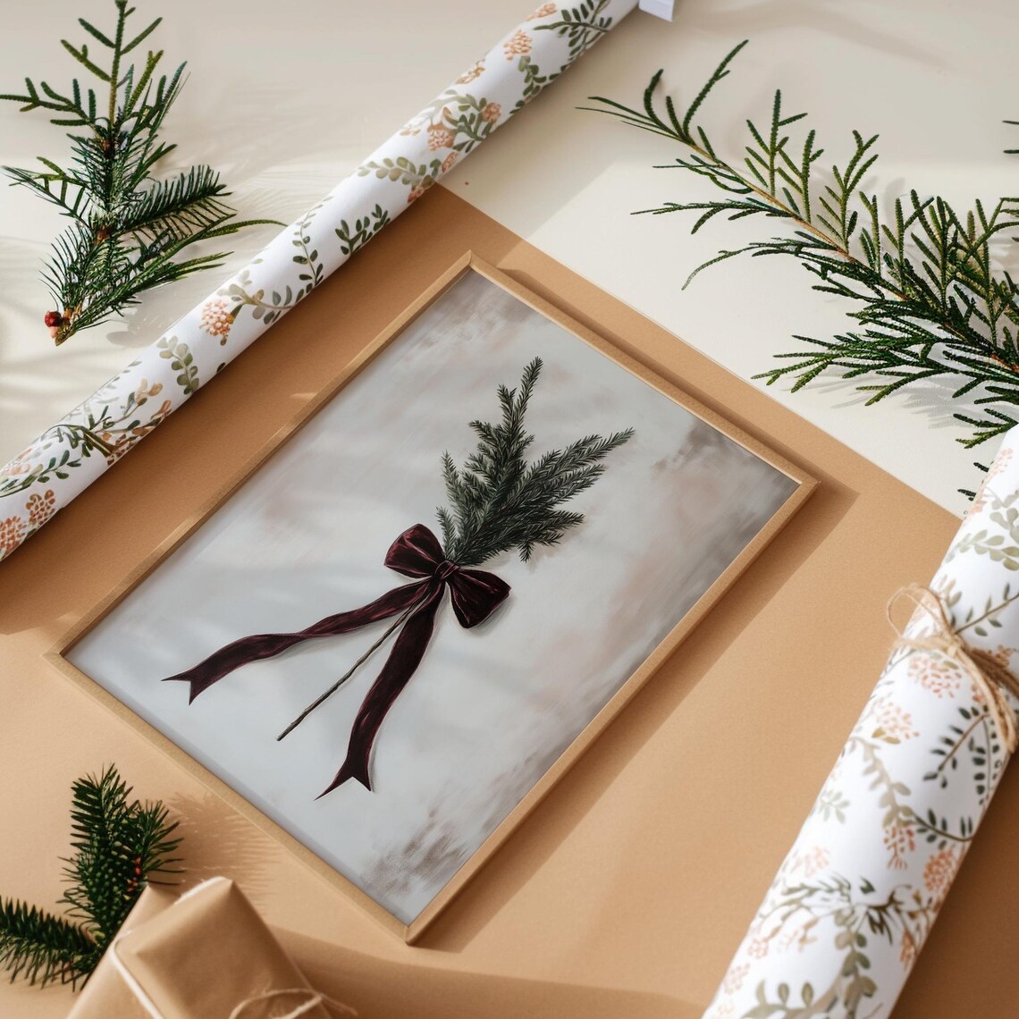 Evergreen Pine Branch Burgundy Velvet Bow Rustic Christmas Wall Print - Image 3