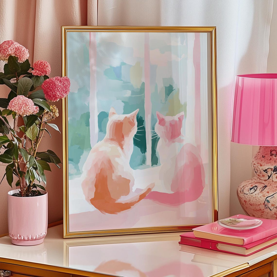 Cute Pastel Love Cats Art Whimsical Nursery Art Cat Friends Cute Kids Room Painting Girls Nursery Playroom Art - Image 2