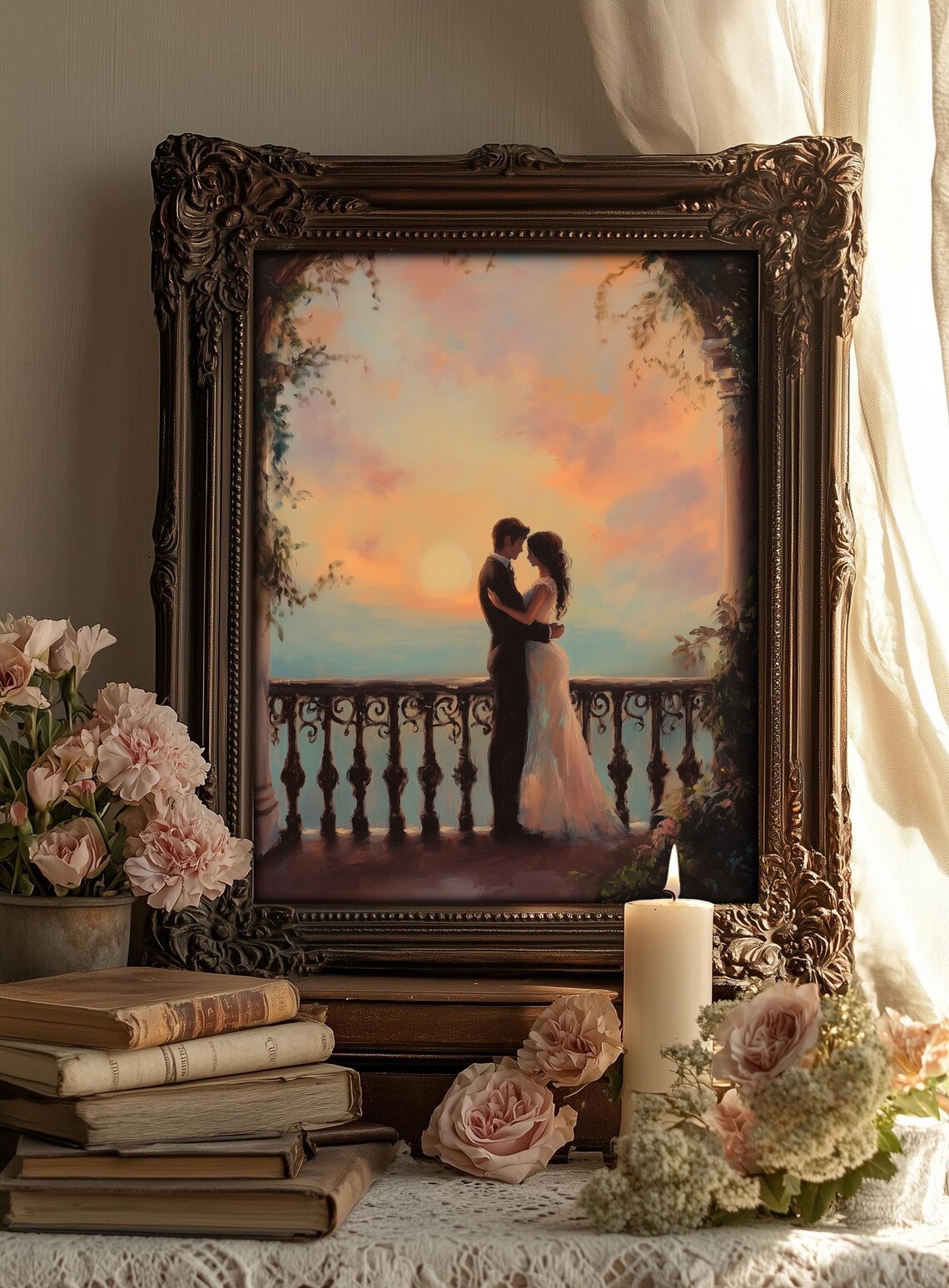 Romantic Couple Sunset Terrace Embrace Dreamy Love Painting Poster - Image 3