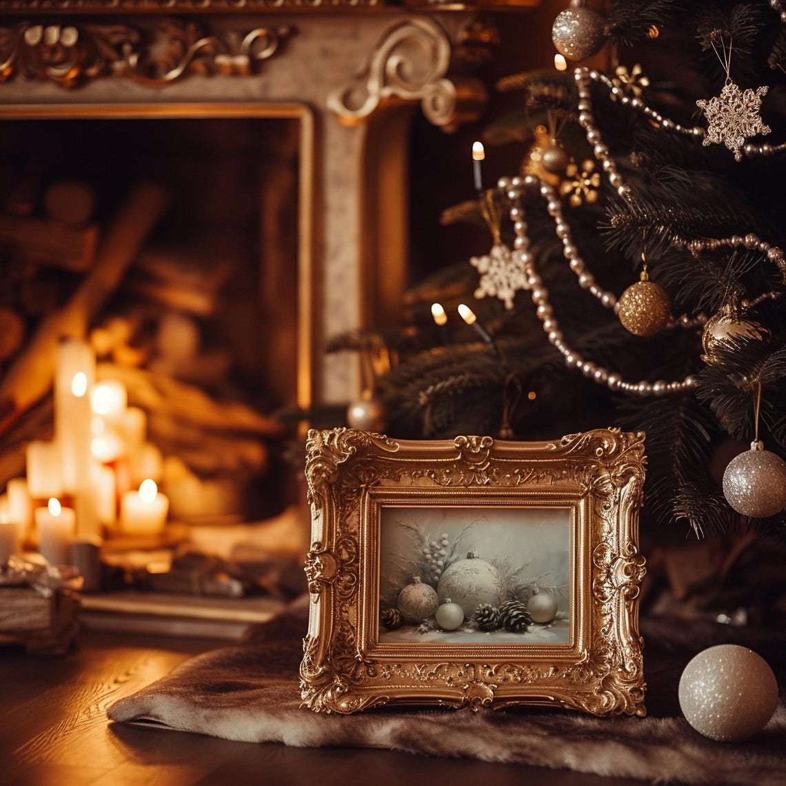 White Champagne Ornaments Pinecones Frosted Ferns Still Life Poster - Image 2