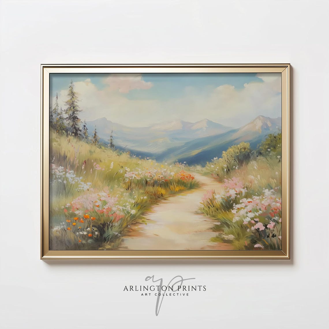 Spring Wildflower Path Mountain Valley Pastel Landscape Poster - Image 2
