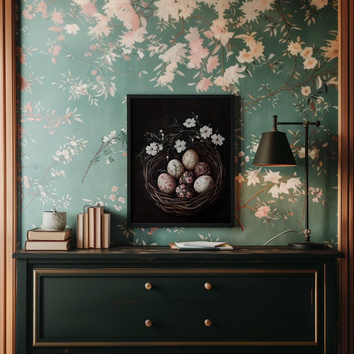 Dark Moody Floral Easter Eggs Nest With White Flowers Poster - Image 2