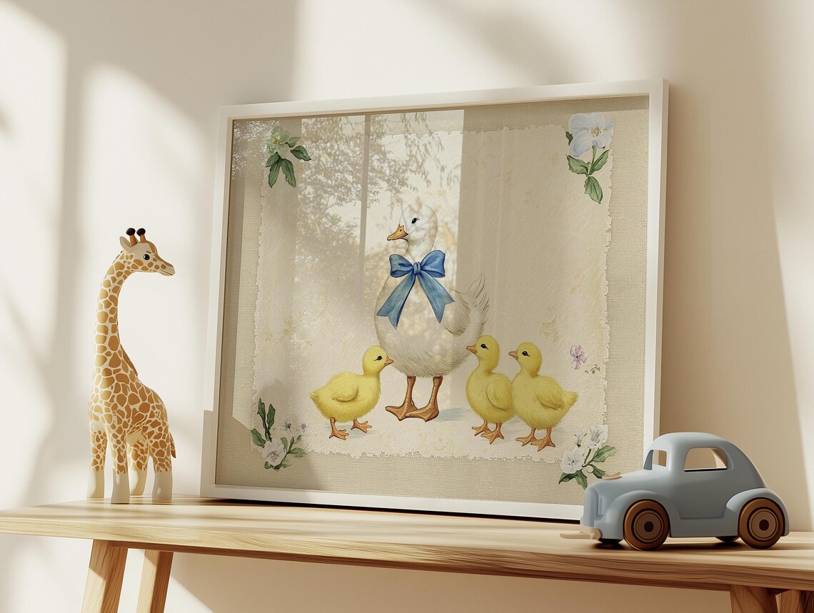 Mother Duck Ducklings Blue Bow Nursery Vintage Baby Room Art Poster - Image 3