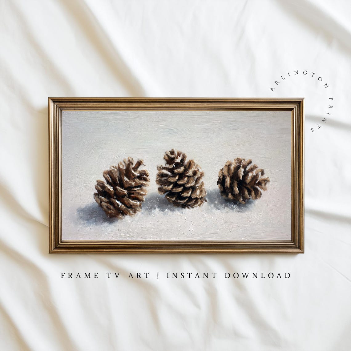 Three Pinecones in Snow Minimal Winter Still Life Oil Art Poster