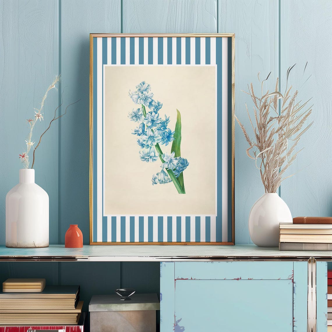 Blue Wildflower Floral Botanical Striped Border Vintage Kitchen Poster - Image 4