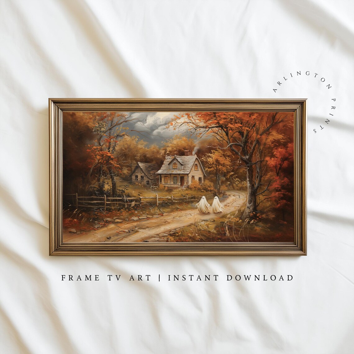 Cute Ghosts Halloween Scene Vintage Autumn Art Print