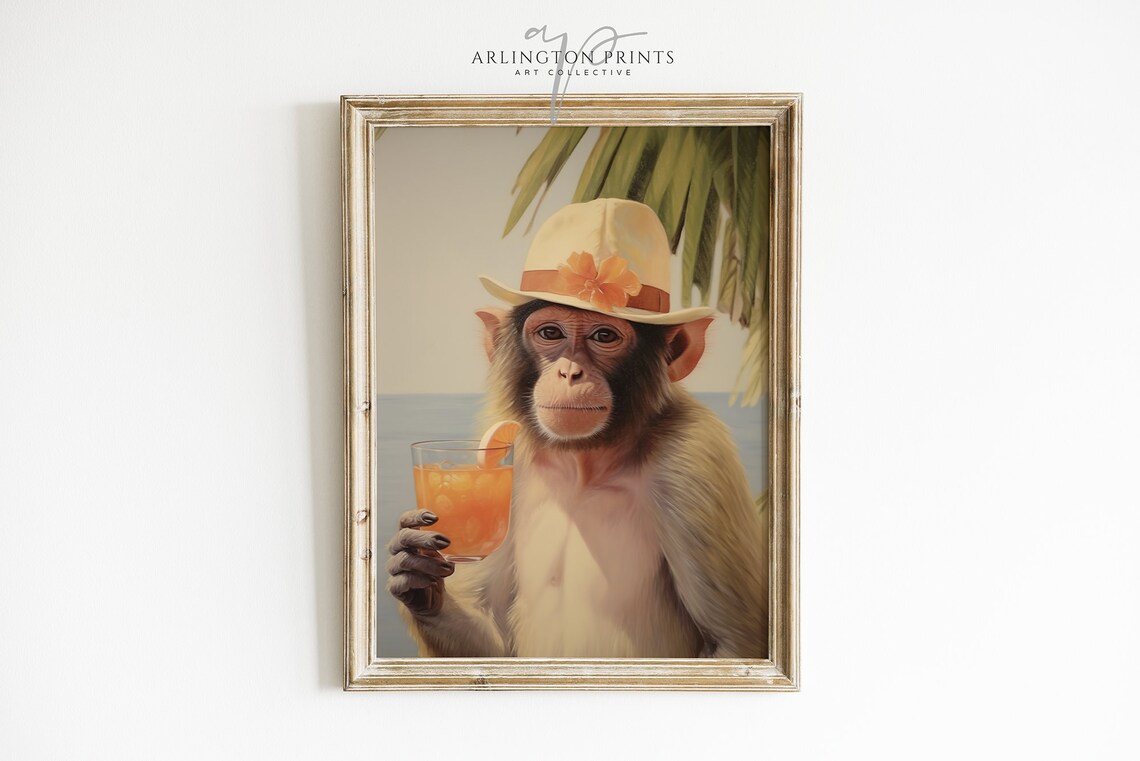 Funny Monkey Cocktail Art Print, Bar Cart Decor