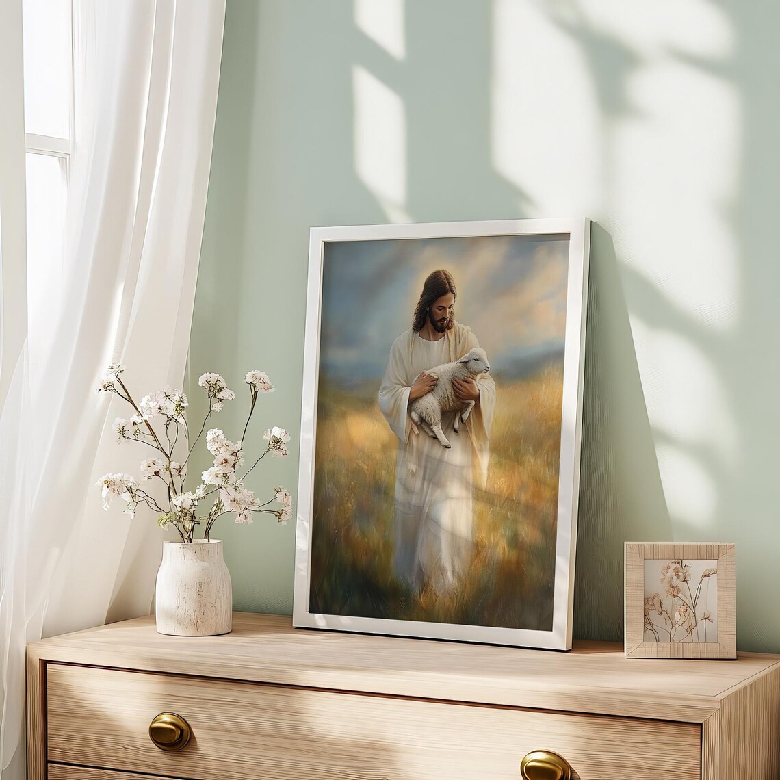 Jesus Christ Holding Lamb Golden Wheat Field Faith Art Print - Image 4