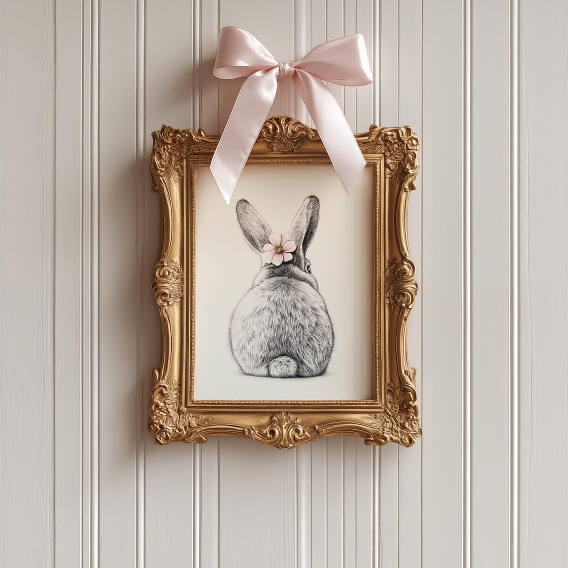 Bunny From Behind Pink Flower Easter Spring Neutral Nursery Poster - Image 4