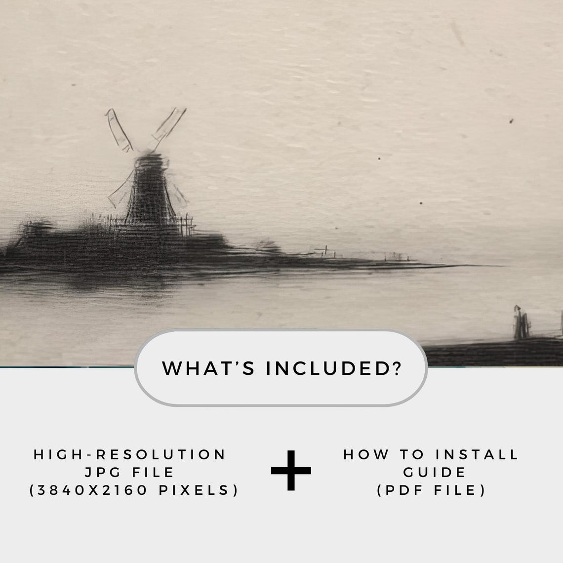 Windmill Waterside Minimalist Ink Sketch Landscape Art Poster - Image 3