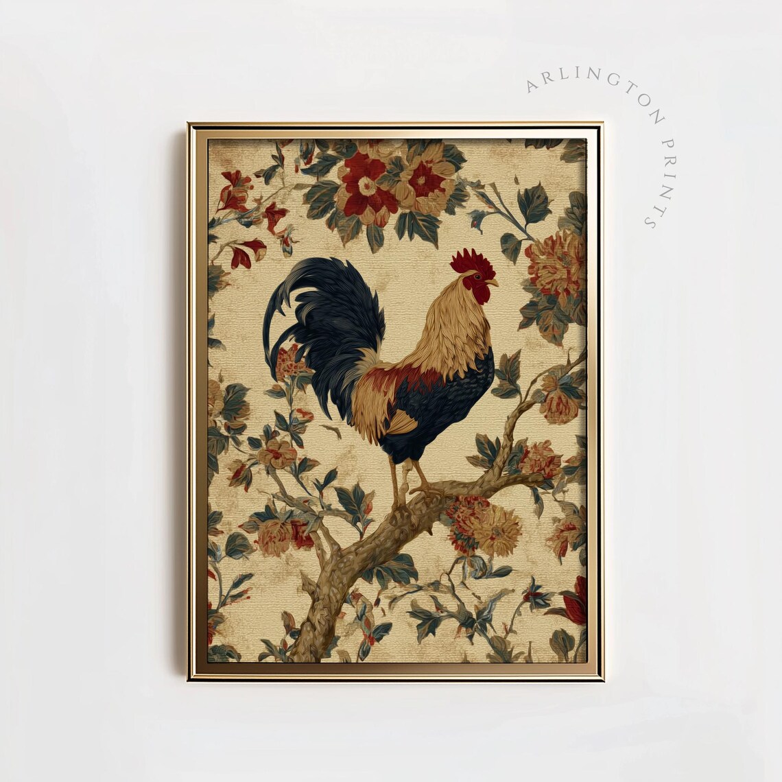 Vintage Rooster On Branch Floral Tapestry Farmhouse Art Poster