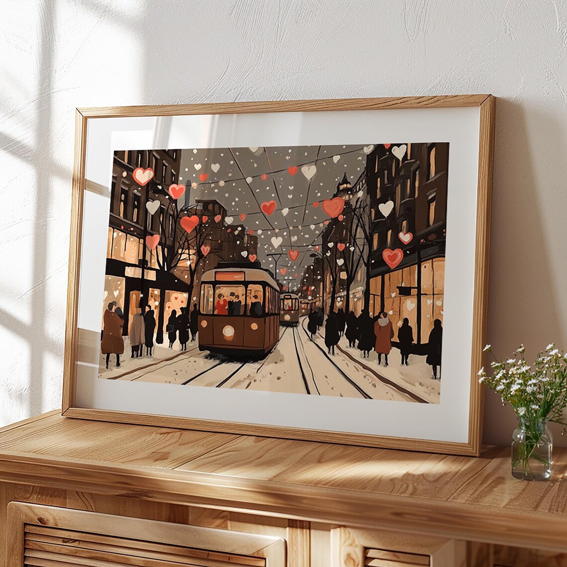 Vintage Tram City Street Floating Hearts Winter Evening Poster - Image 3