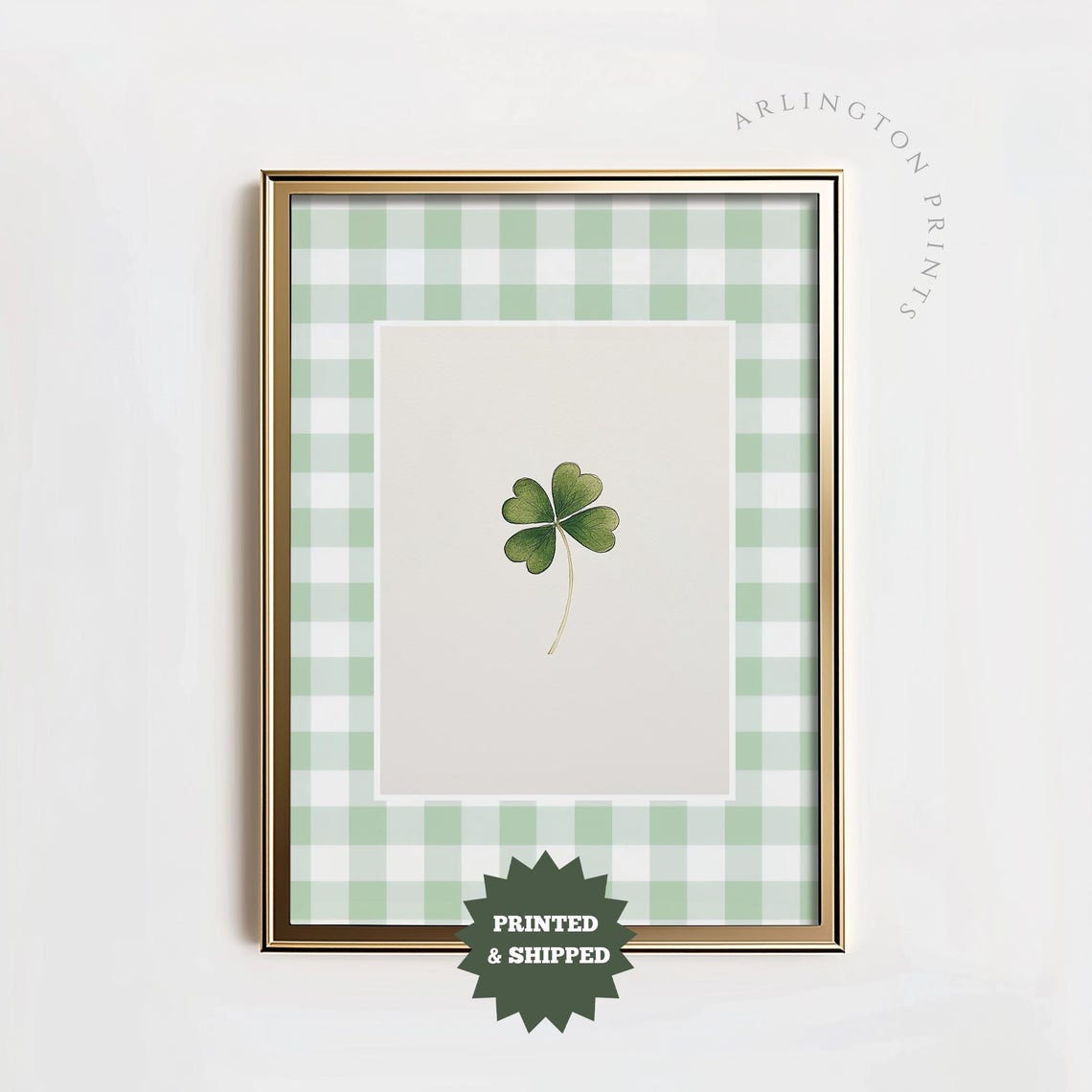 Lucky Four Leaf Clover Watercolor on Green Gingham Check Print