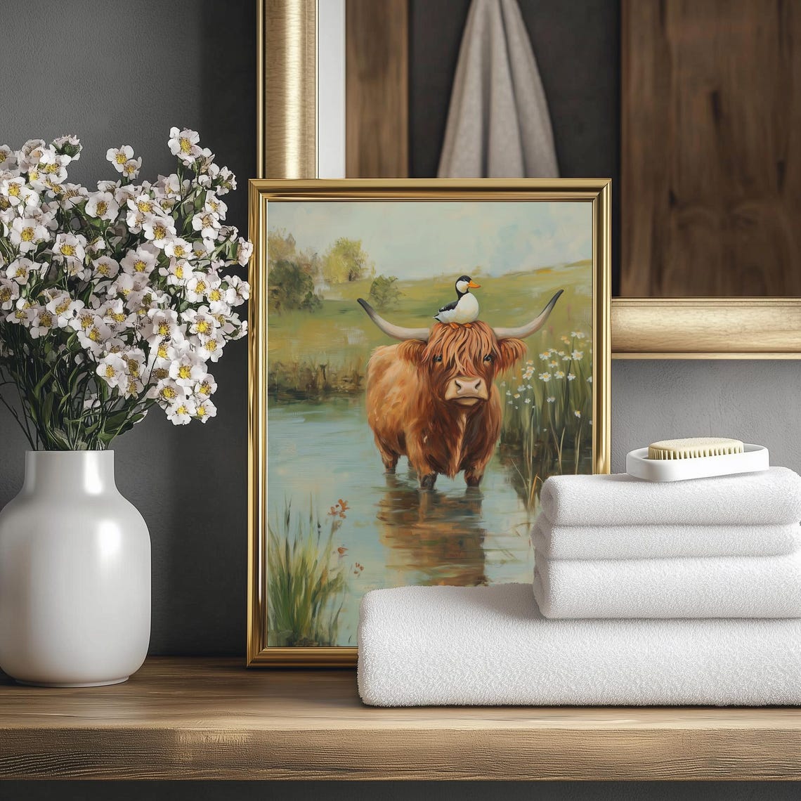 Highland Cow with a Duck on Its Head Wading through a Pond Art Poster - Image 2