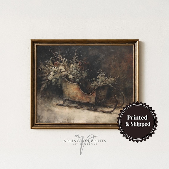 Rustic Wooden Sleigh Art Print, Vintage Winter Floral