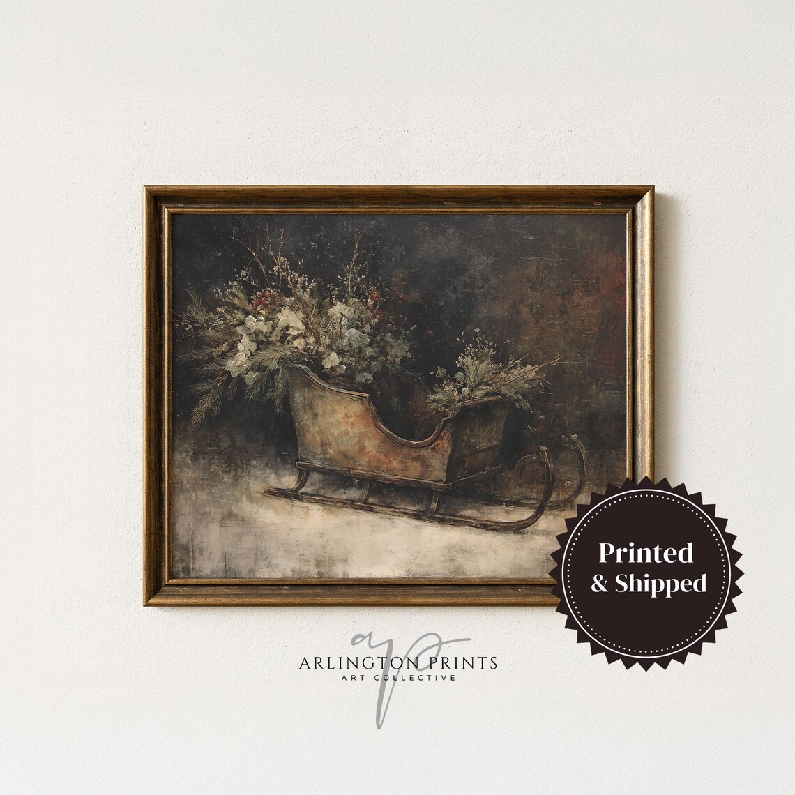 Rustic Wooden Sleigh Art Print, Vintage Winter Floral