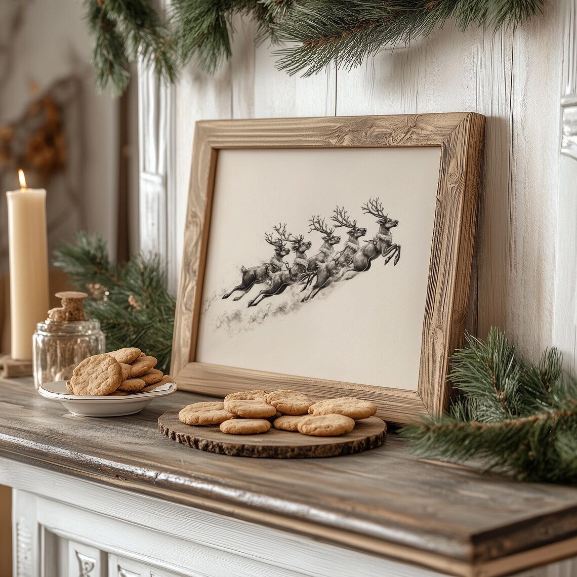 Five Flying Reindeer Charcoal Sketch Santa Team Winter Drawing Poster - Image 4