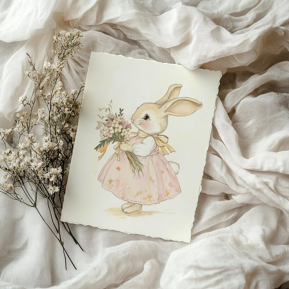 Bunny Girl in Pink Floral Dress Holding Bouquet Nursery Art Poster - Image 3