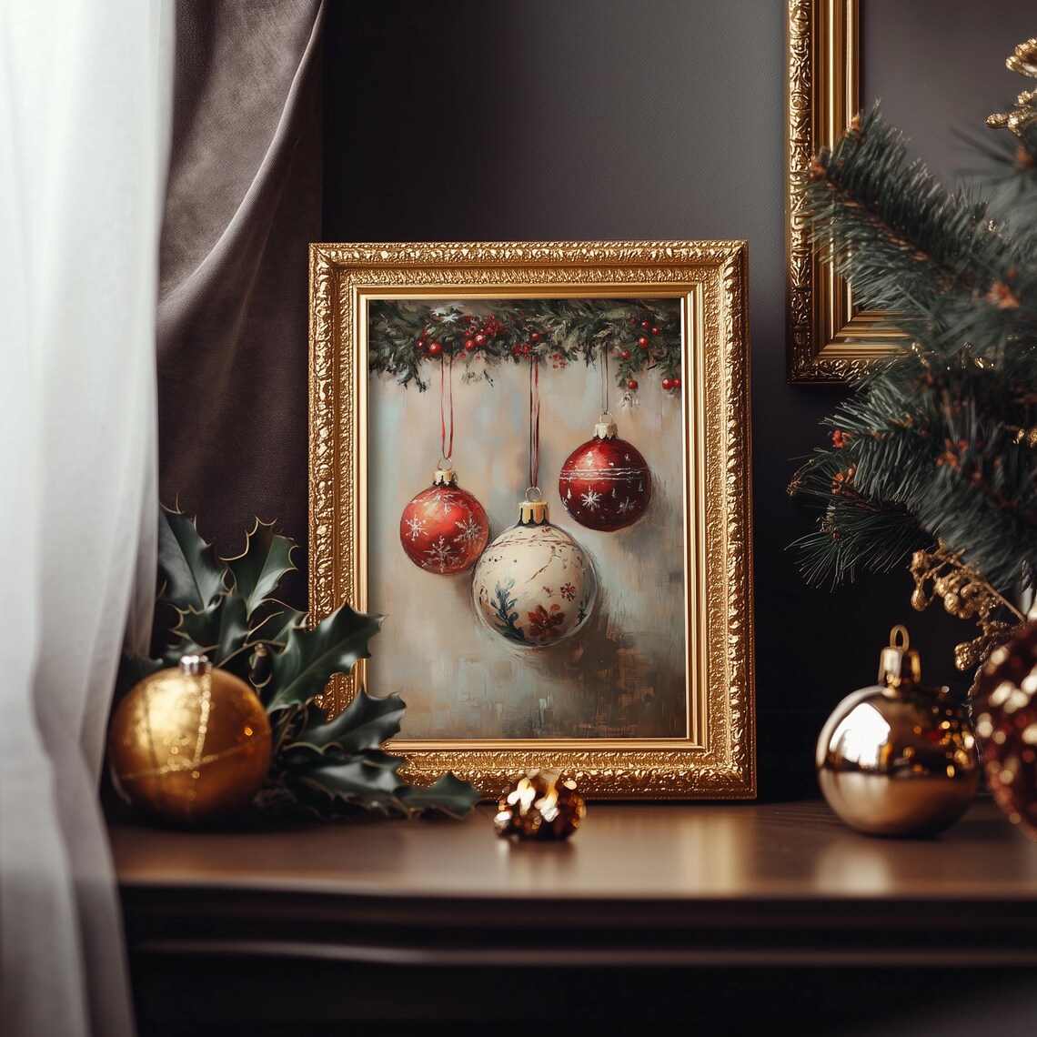 Red White Vintage Christmas Baubles Garland Rustic Holiday Wall Print - Image 4