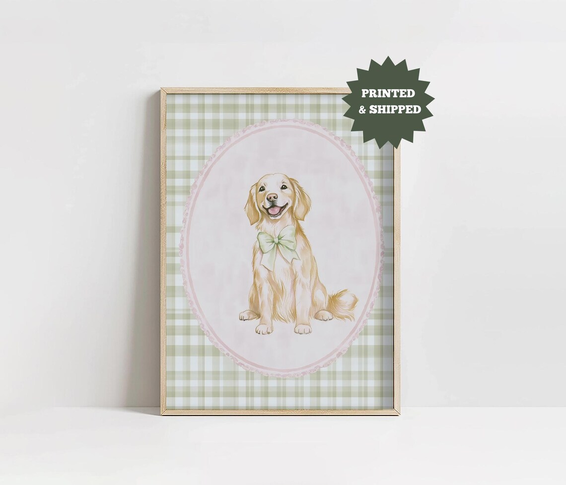 Golden Retriever With Green Bow Green Gingham Nursery Dog Poster