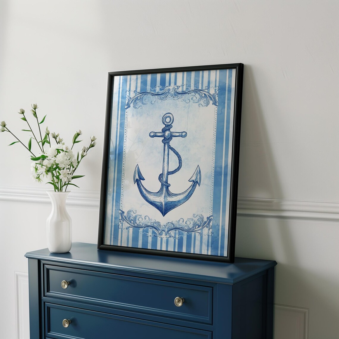 Classic Blue Anchor Rope Nautical Stripes Coastal Beach Poster - Image 3