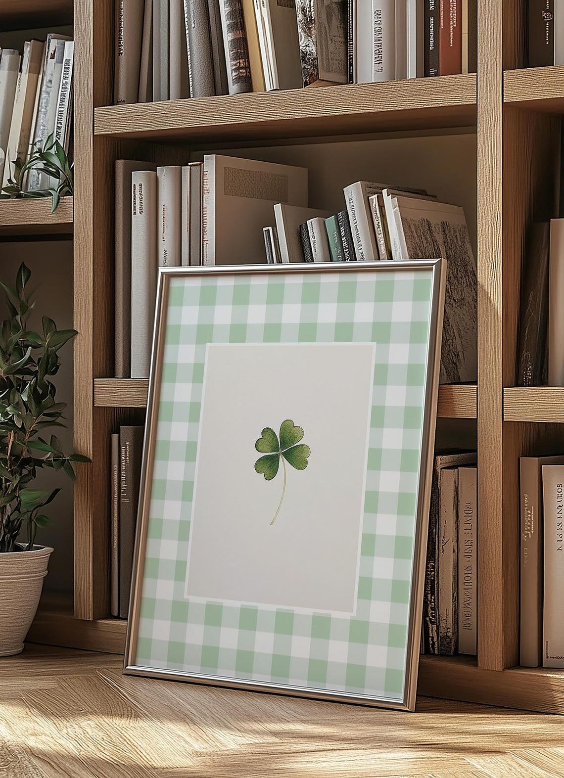 Lucky Four Leaf Clover Watercolor on Green Gingham Check Print - Image 3