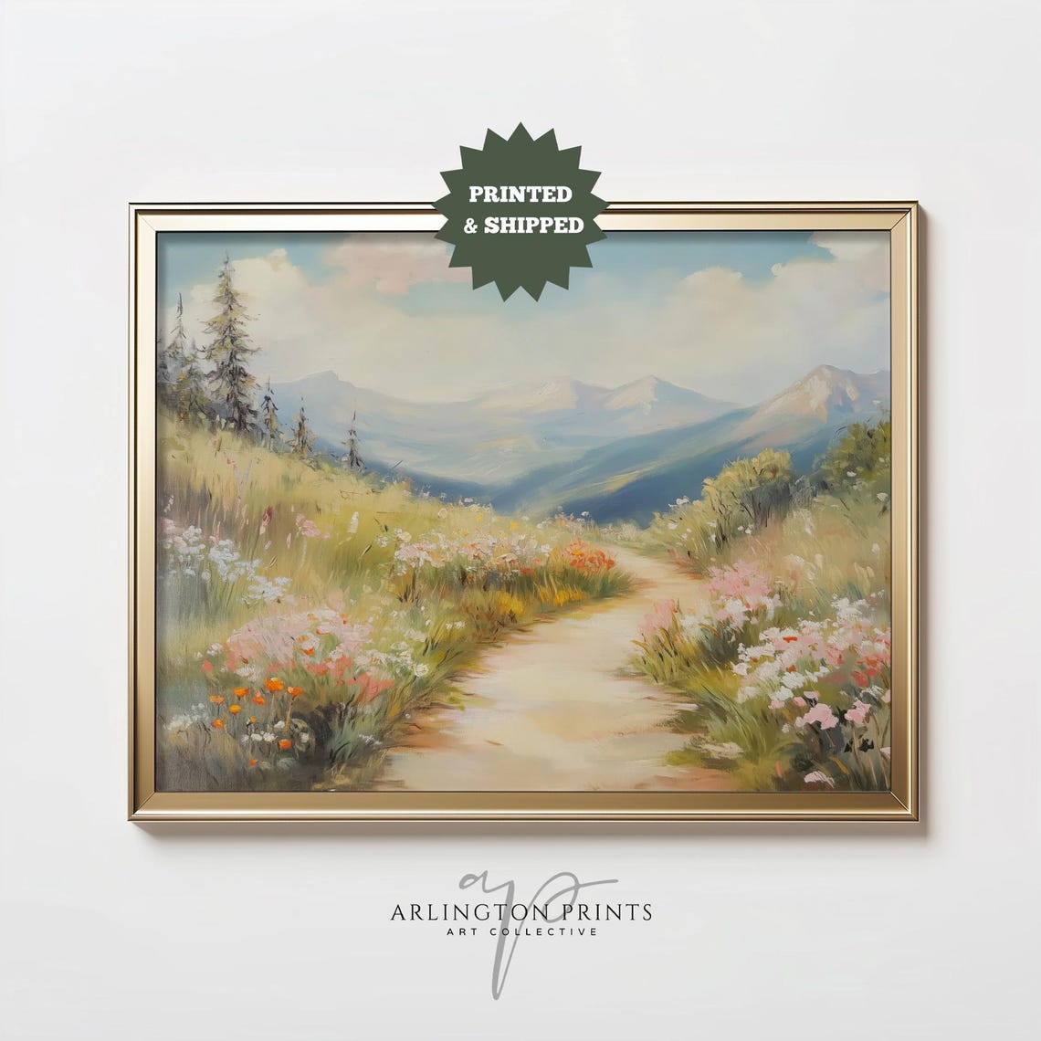 Pastel Spring Mountain Path Wildflowers Landscape Painting Poster