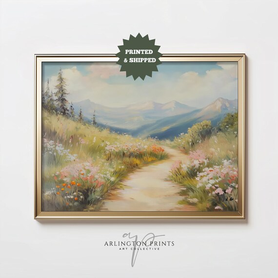 Pastel Spring Mountain Path Wildflowers Landscape Painting Poster