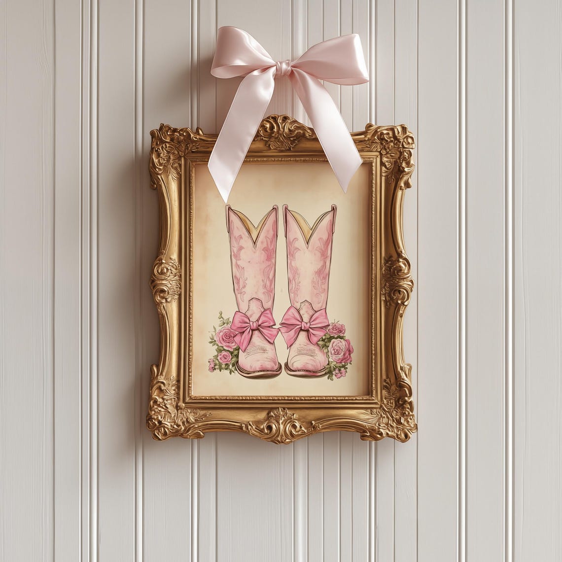 Pink Cowboy Boots Bows Roses Western Vintage Style Art Print - Image 5
