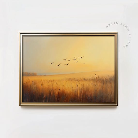 Warm Tone Summer Landscape Painting Moody Country Print Vintage Sunset Art Print Rustic Farmhouse Decor Tc11