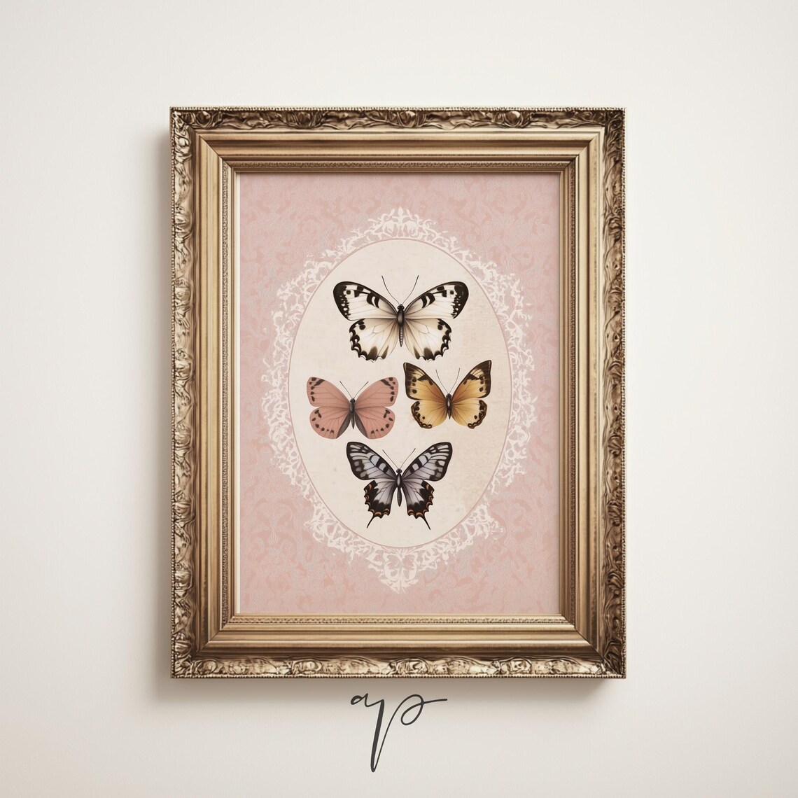 Four Vintage Butterflies Oval Lace Medallion Pink Nursery Art Poster