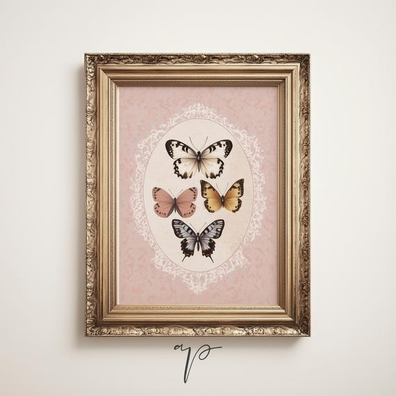 Pink Butterfly Art Print Girl Nursery Decor Butterflies Wall Art Antique Girls Room Decor Vintage Bathroom Wall Art T5914