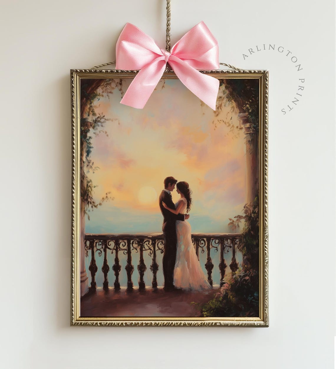 Romantic Couple Sunset Terrace Embrace Dreamy Love Painting Poster