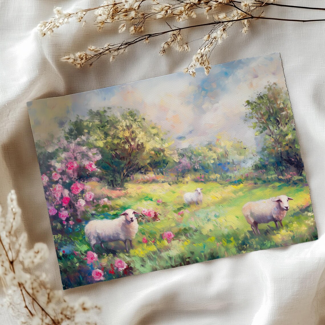 Sheep Grazing in Flower Meadow Impressionist Oil Pastoral Art Poster - Image 3