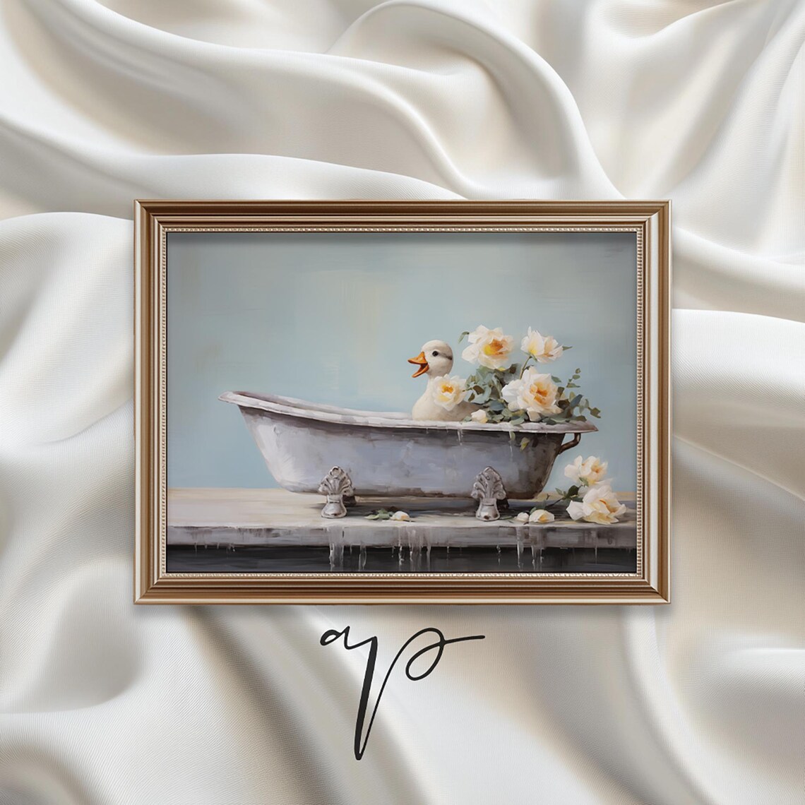 Duckling in Clawfoot Bathtub With White Flowers Cute Nursery Poster