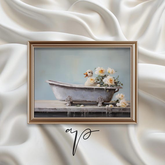 Cute Duckling Art Print Blue Nursery Wall Art Baby Duck In A Tub Painting Easter Print Spring Bathroom Decor A604