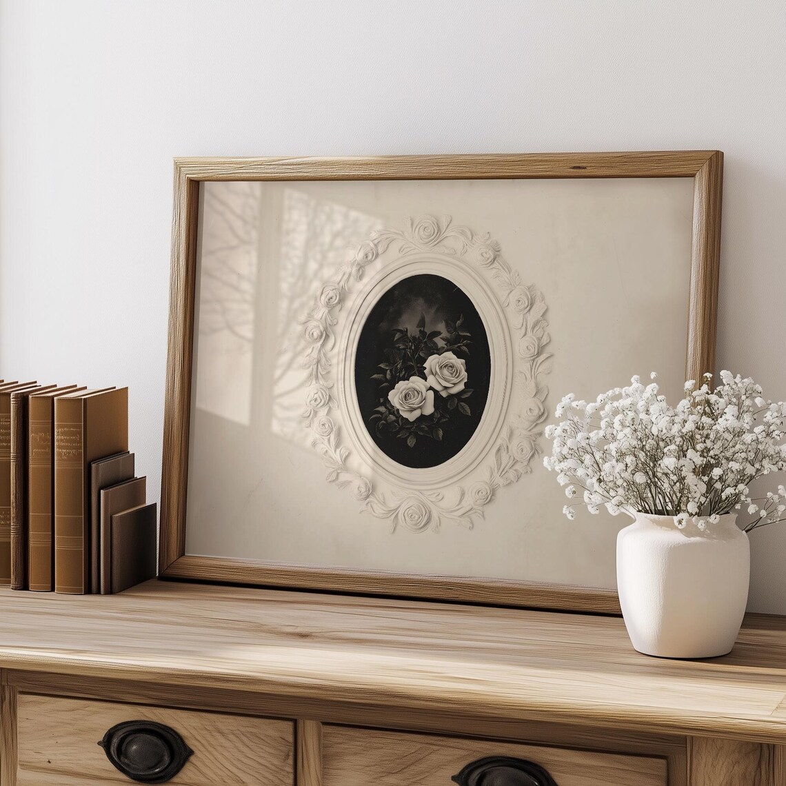 White Roses Oval Still Life on Black in Carved Floral Frame Poster - Image 4