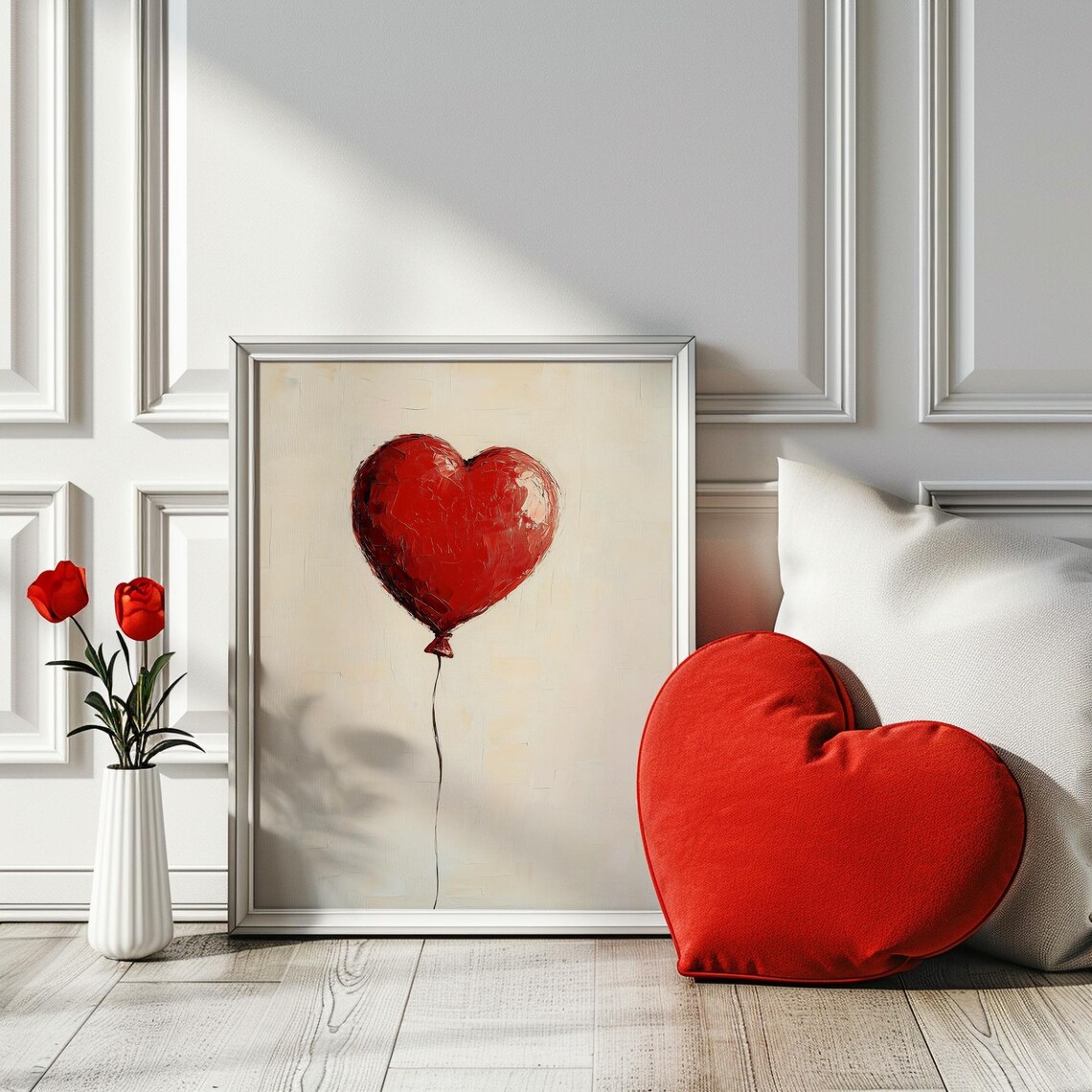 Red Heart Balloon Impasto Painting Cream Minimalist Love Art Poster - Image 3