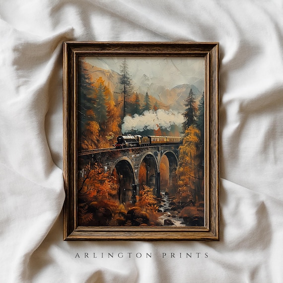 Moody Fall Train Art Print, Vintage Autumn Trees