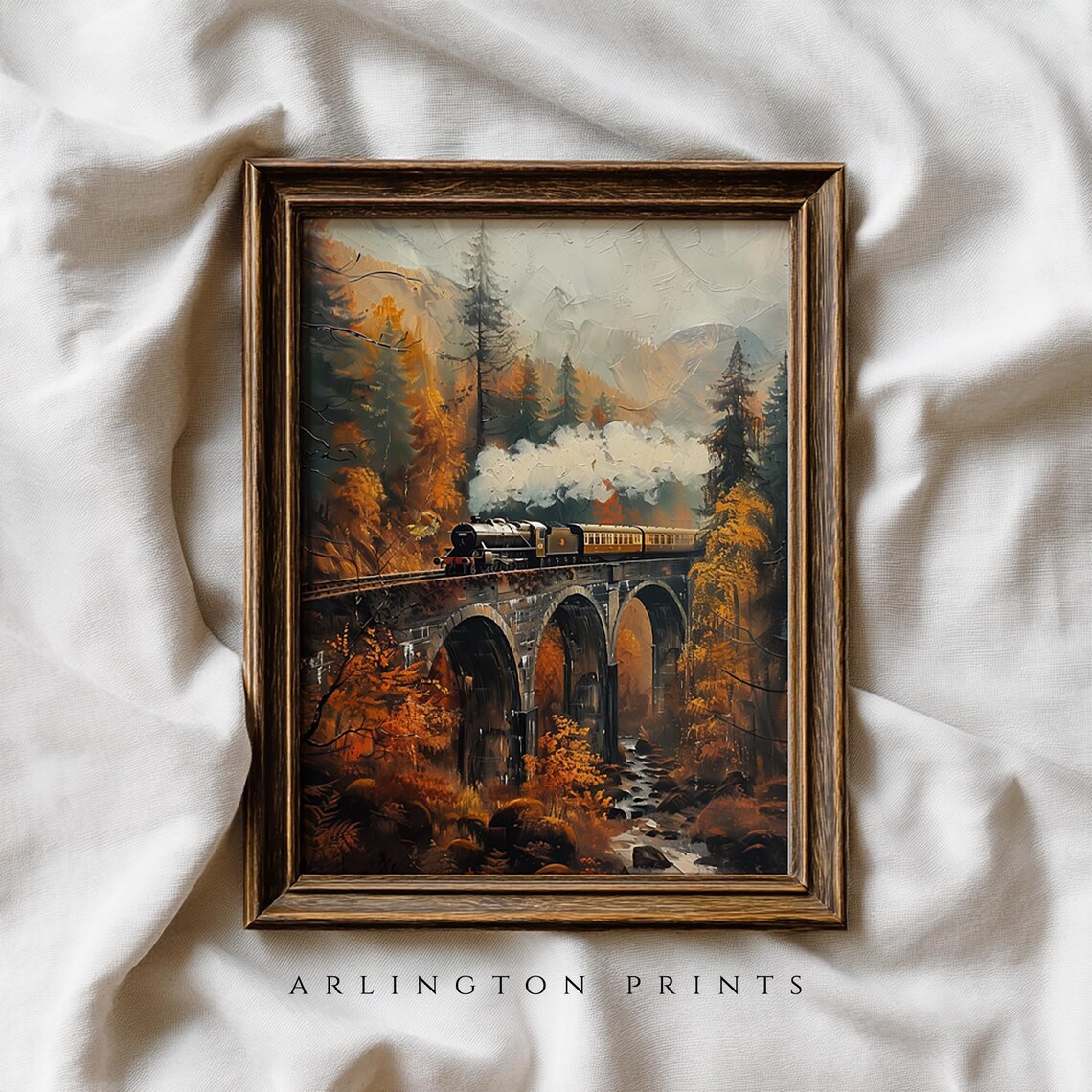 Moody Fall Train Art Print, Vintage Autumn Trees