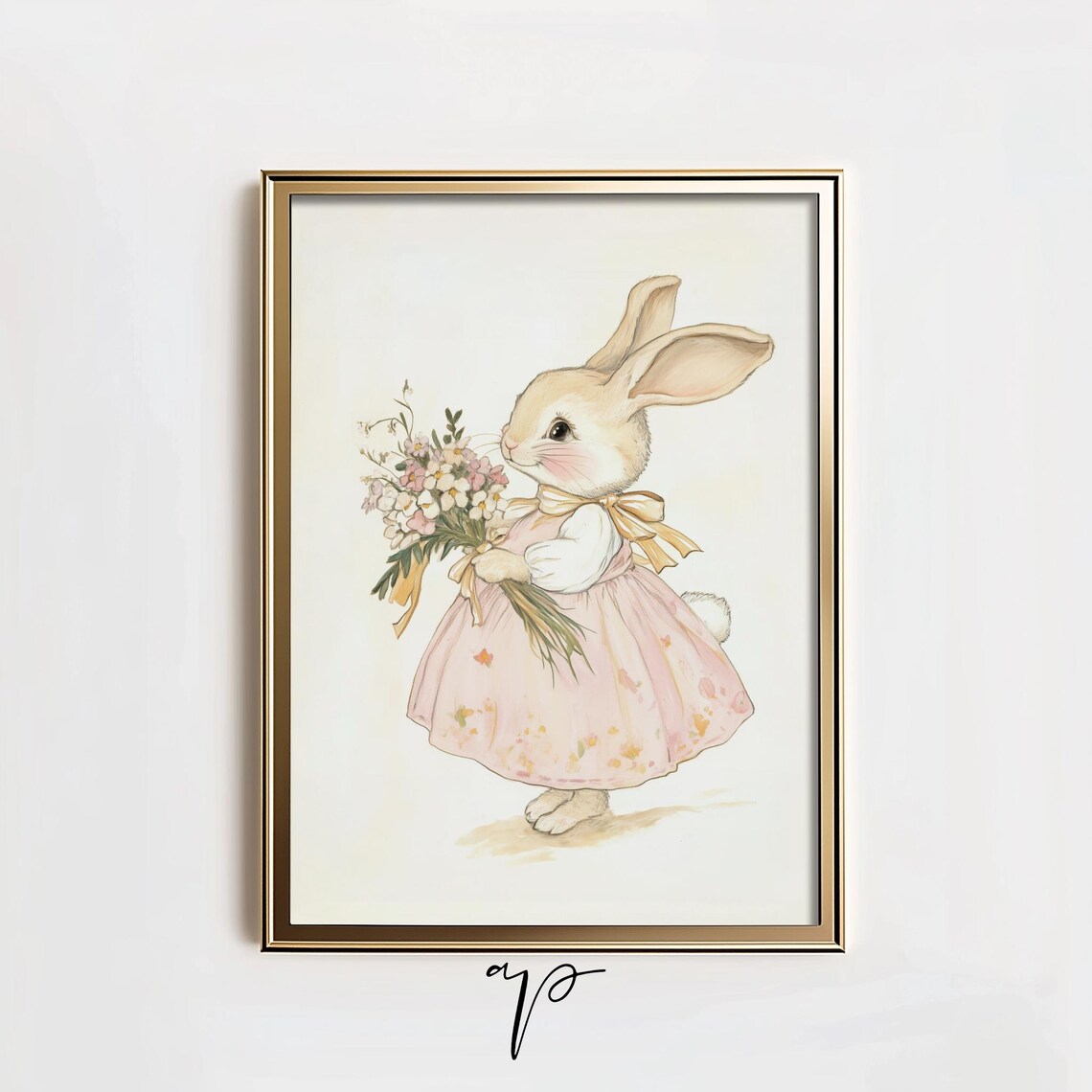 Bunny Girl in Pink Floral Dress Holding Bouquet Nursery Art Poster