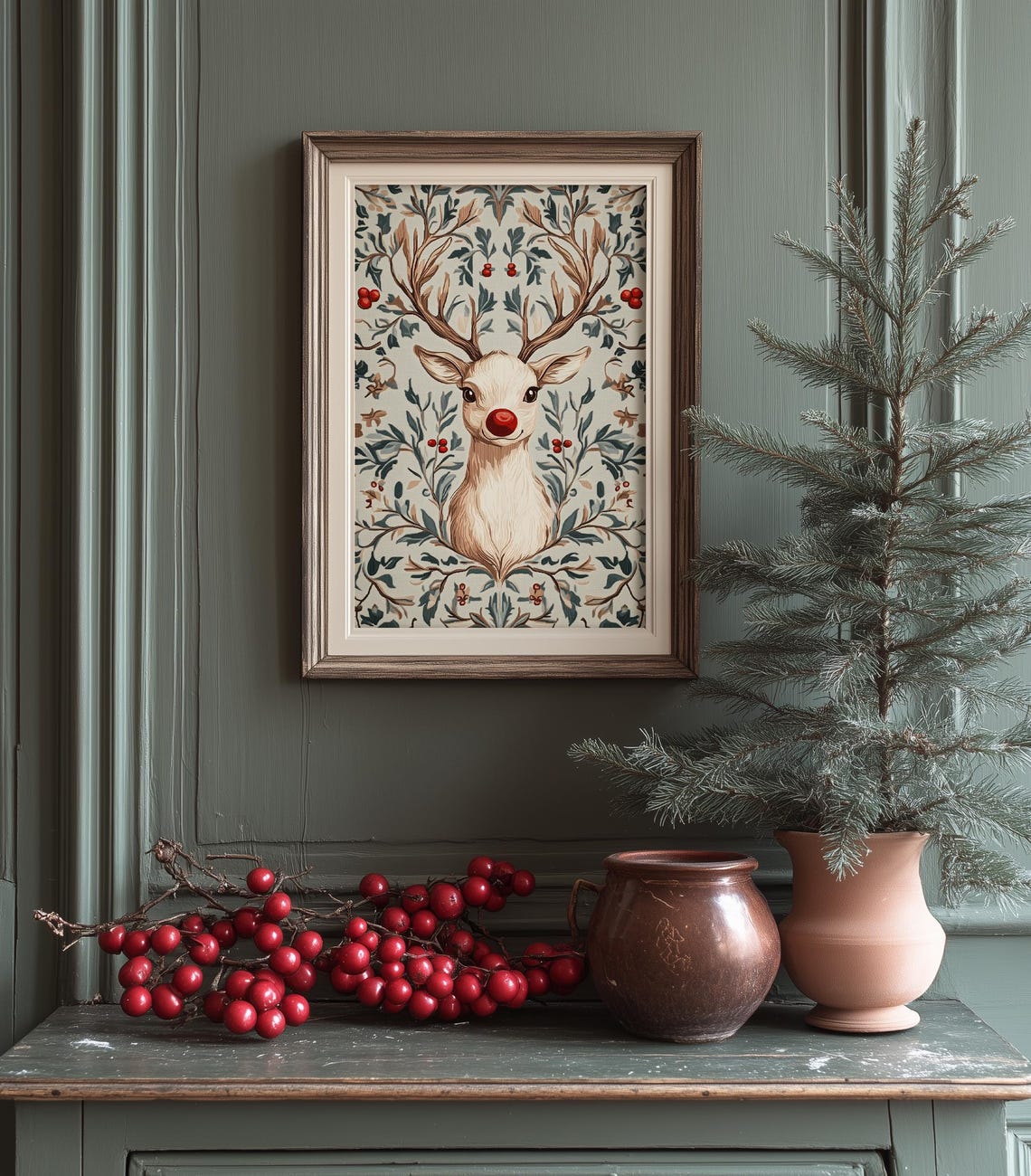Cute Rudolph Red Nose Reindeer Floral Christmas Nursery Wall Print - Image 4