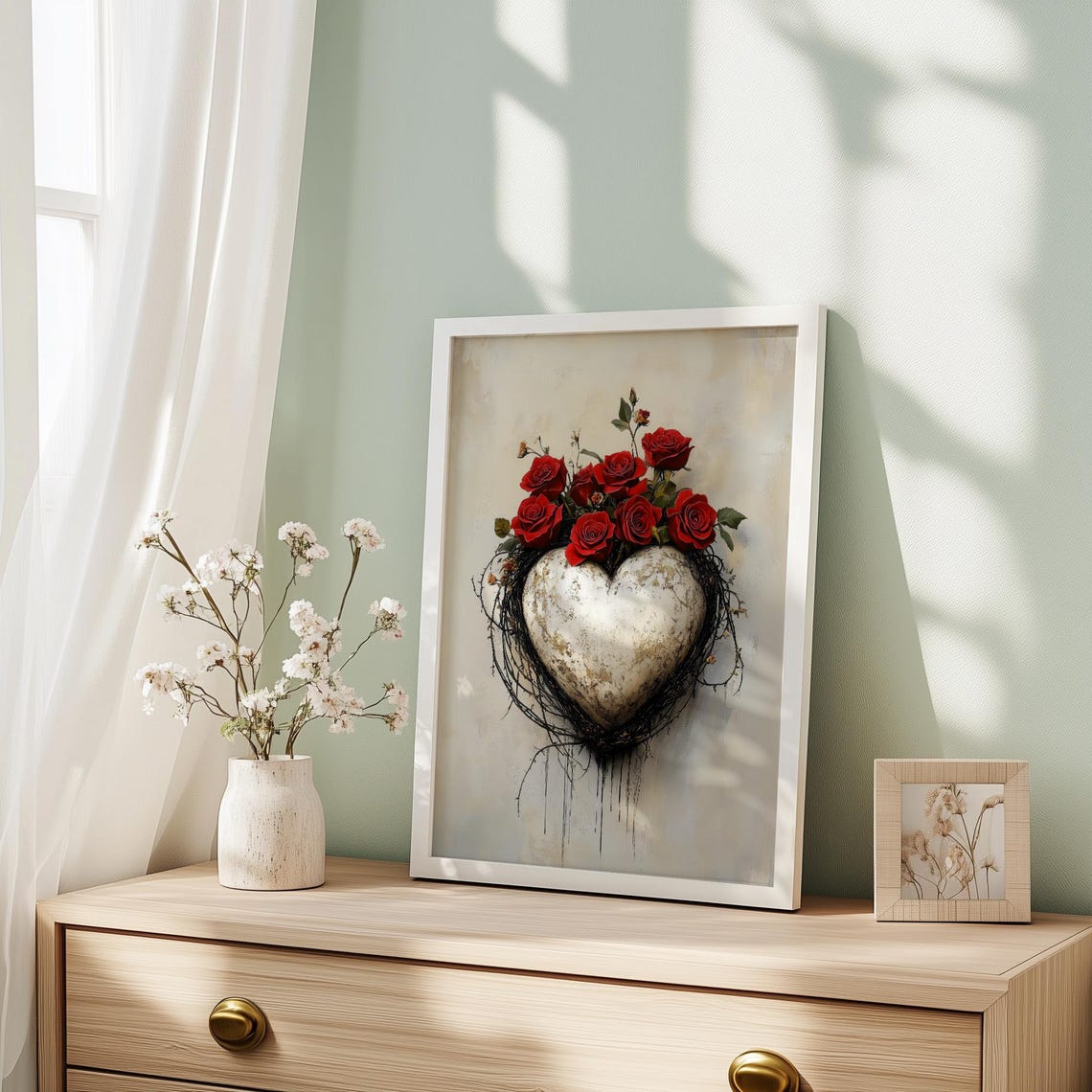 Stone Heart with Red Roses Romantic Valentine Floral Art Poster - Image 2