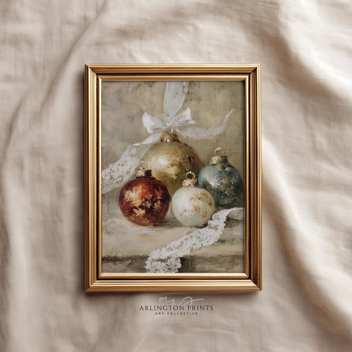 Antique Christmas Ornaments Still Life Lace Ribbon Vintage Poster