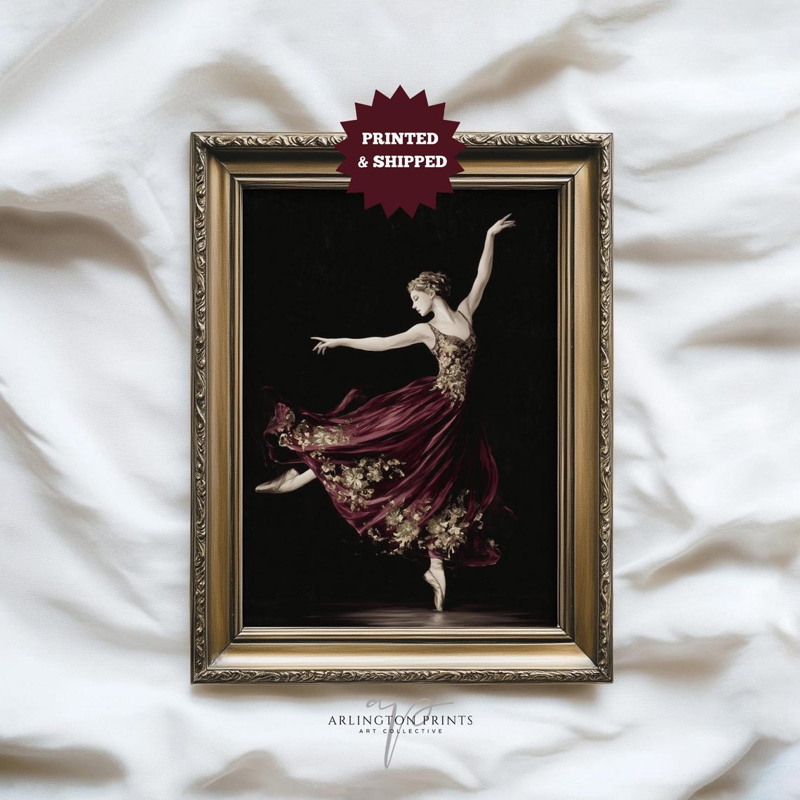 Ballerina In Burgundy Gown Mid Leap Dramatic Dark Oil Art Print